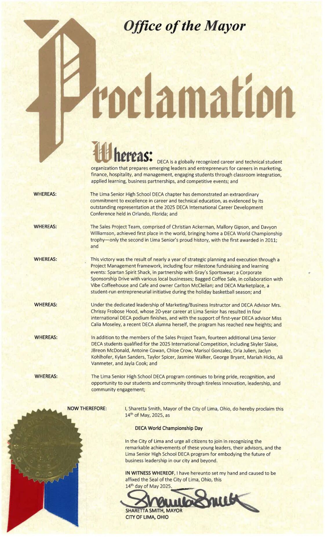Mayor Sharetta Smith DECA Proclamation